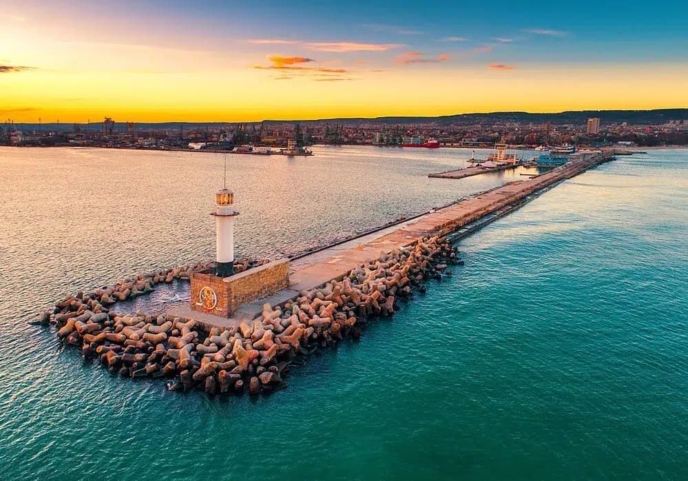 The lighthouse at the entrance to the port of Varna at sunset