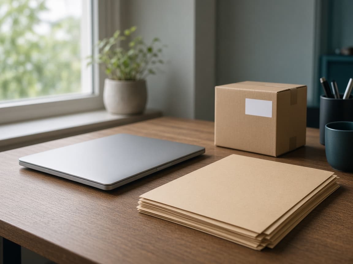 A customs desk with folders, a laptop, and a shipping carton
