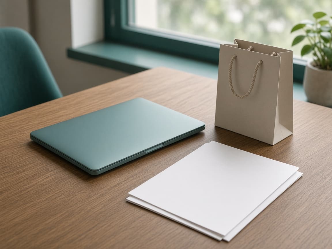 A retail desk with a closed laptop, a blank report, and a shopping bag