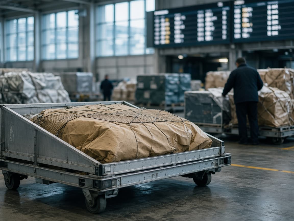 A loaded freight cart on a warehouse floor